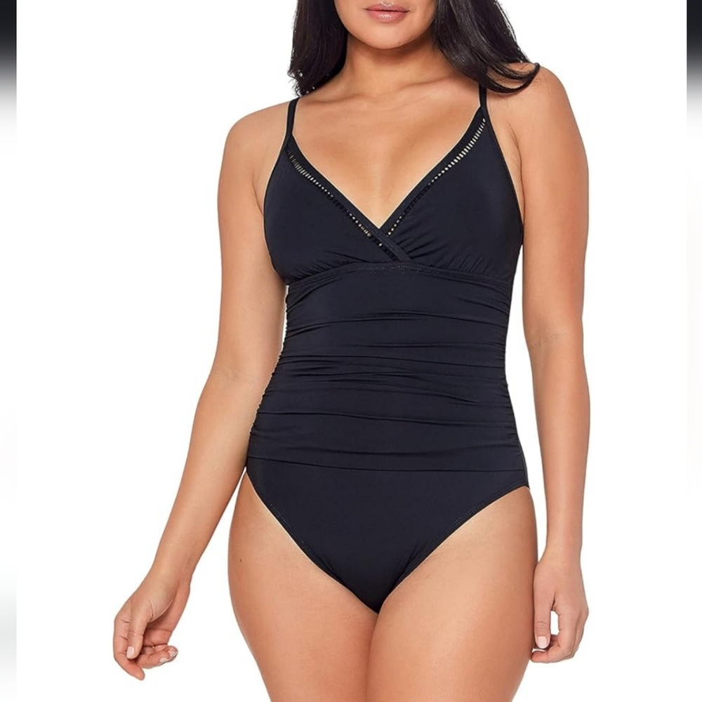 NWT Bleu Rod Beattie Behind The Seams Surplice One Piece Black Swimsuit Size 8